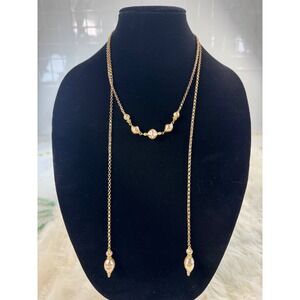 Gold Tone Faux Baroque Pearl Lariat Long Rolo Chain Necklace 34 Inch